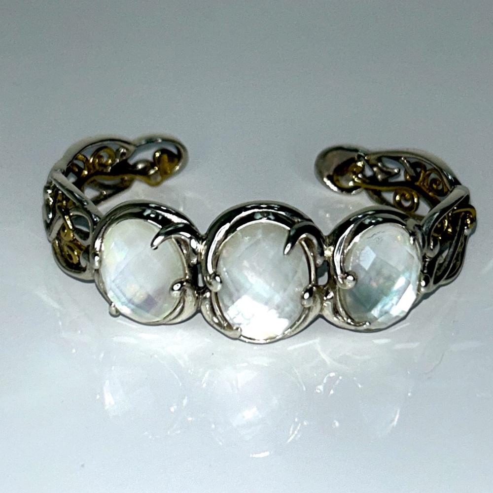 Carolyn Pollack Designer Sterling Silver Brass MOP Cuff Bracelet Boho Casual